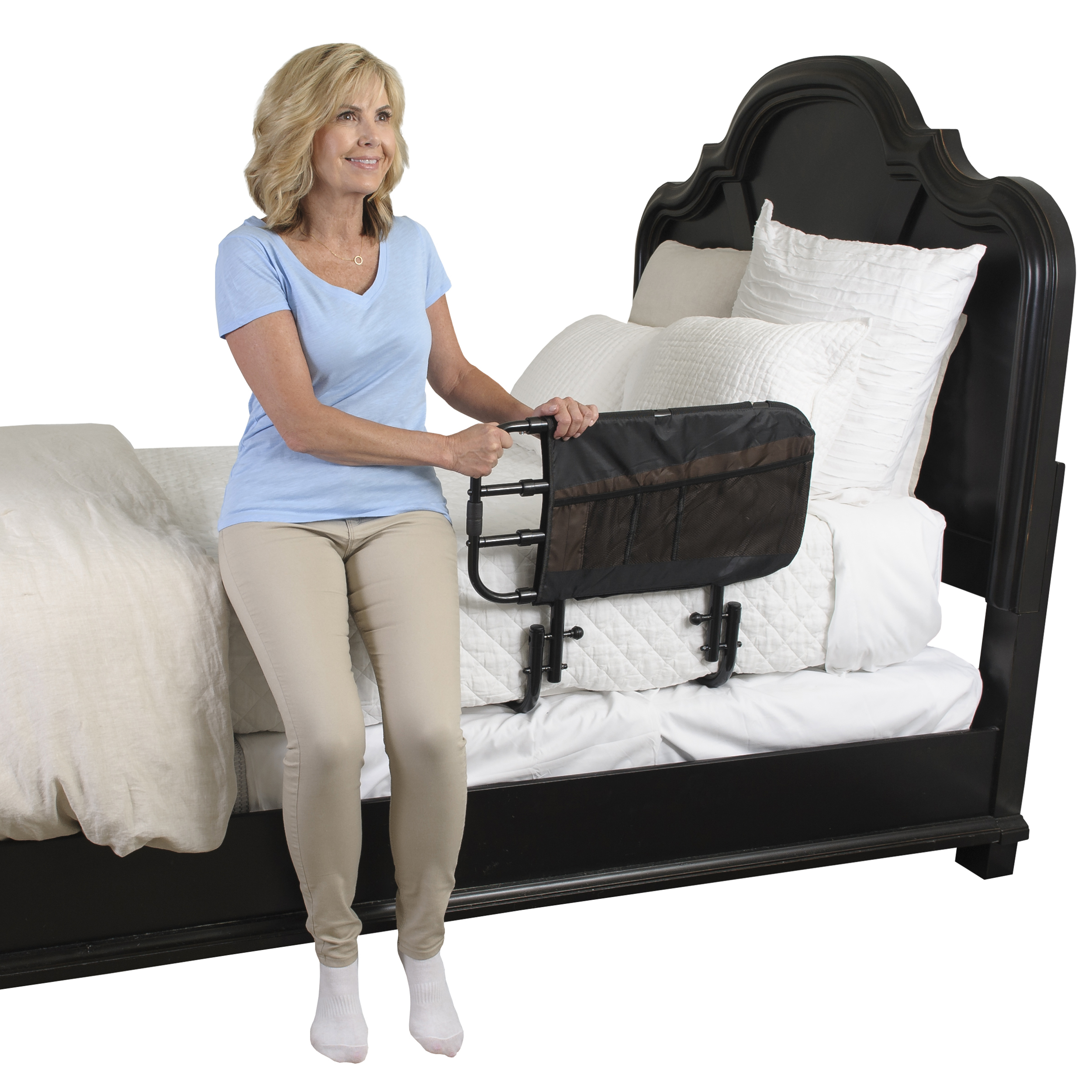 Zoomed in product image 8000 Bed Rail EZ Adjust - woman sitting on bed